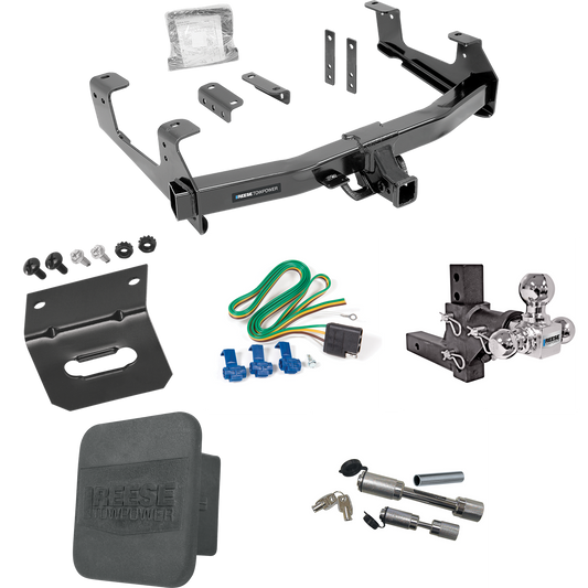 Fits 2015-2019 GMC Sierra 2500 HD Trailer Hitch Tow PKG w/ 4-Flat Wiring Harness + Adjustable Drop Rise Triple Ball Ball Mount 1-7/8" & 2" & 2-5/16" Trailer Balls + Dual Hitch & Coupler Locks + Hitch Cover + Wiring Bracket By Reese Towpower