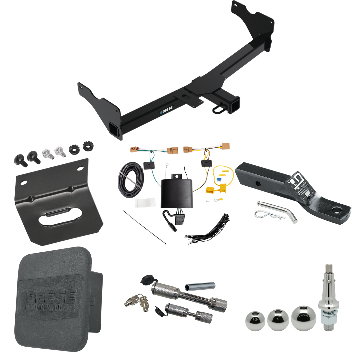 Fits 2018-2018 Volkswagen Tiguan Trailer Hitch Tow PKG w/ 4-Flat Wiring + Ball Mount w/ 2" Drop + Interchangeable Ball 1-7/8" & 2" & 2-5/16" + Wiring Bracket + Dual Hitch & Coupler Locks + Hitch Cover By Reese Towpower