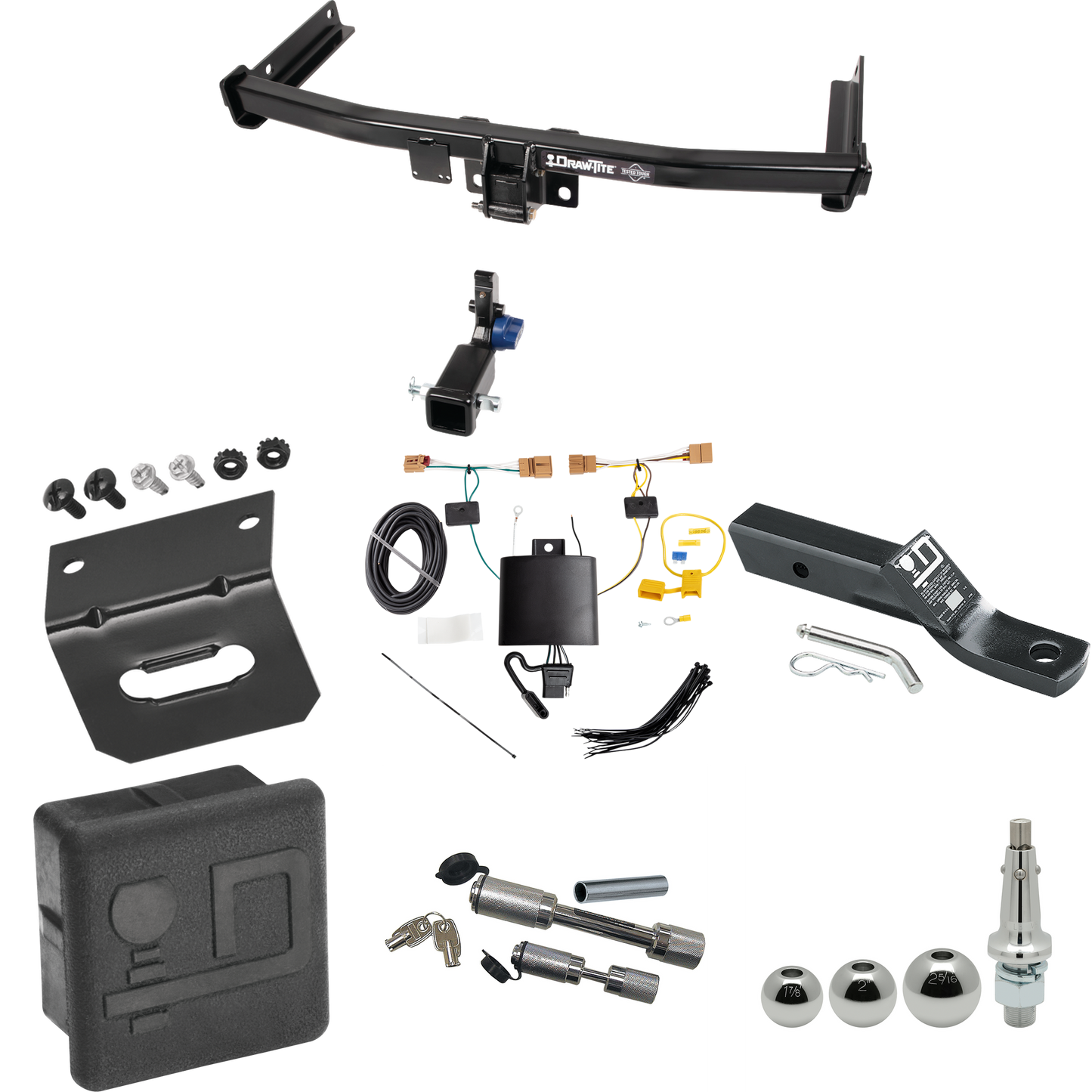 Fits 2018-2018 Volkswagen Tiguan Trailer Hitch Tow PKG w/ 4-Flat Wiring + Ball Mount w/ 2" Drop + Interchangeable Ball 1-7/8" & 2" & 2-5/16" + Wiring Bracket + Dual Hitch & Coupler Locks + Hitch Cover By Draw-Tite