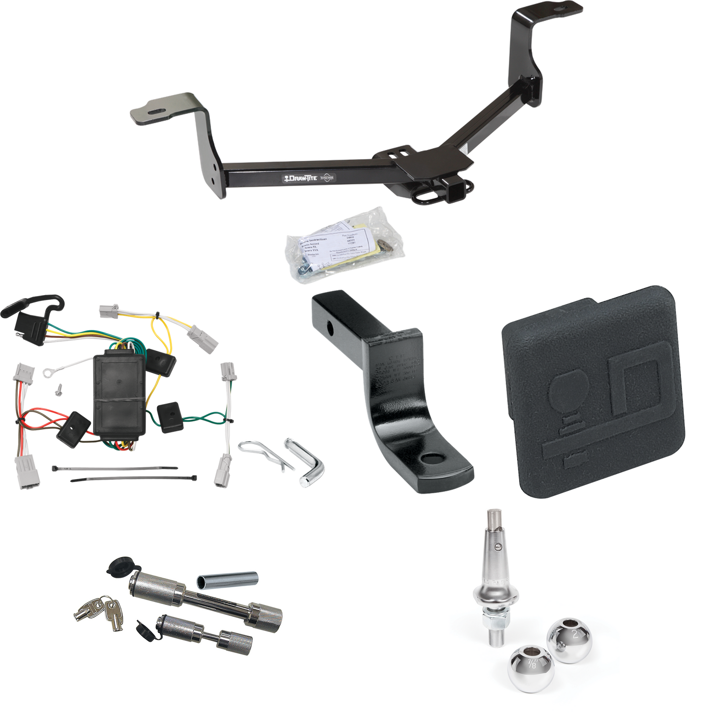 Fits 2009-2014 Acura TSX Trailer Hitch Tow PKG w/ 4-Flat Wiring Harness + Draw-Bar + Interchangeable 1-7/8" & 2" Balls + Hitch Cover + Dual Hitch & Coupler Locks (For Sedan Models) By Draw-Tite