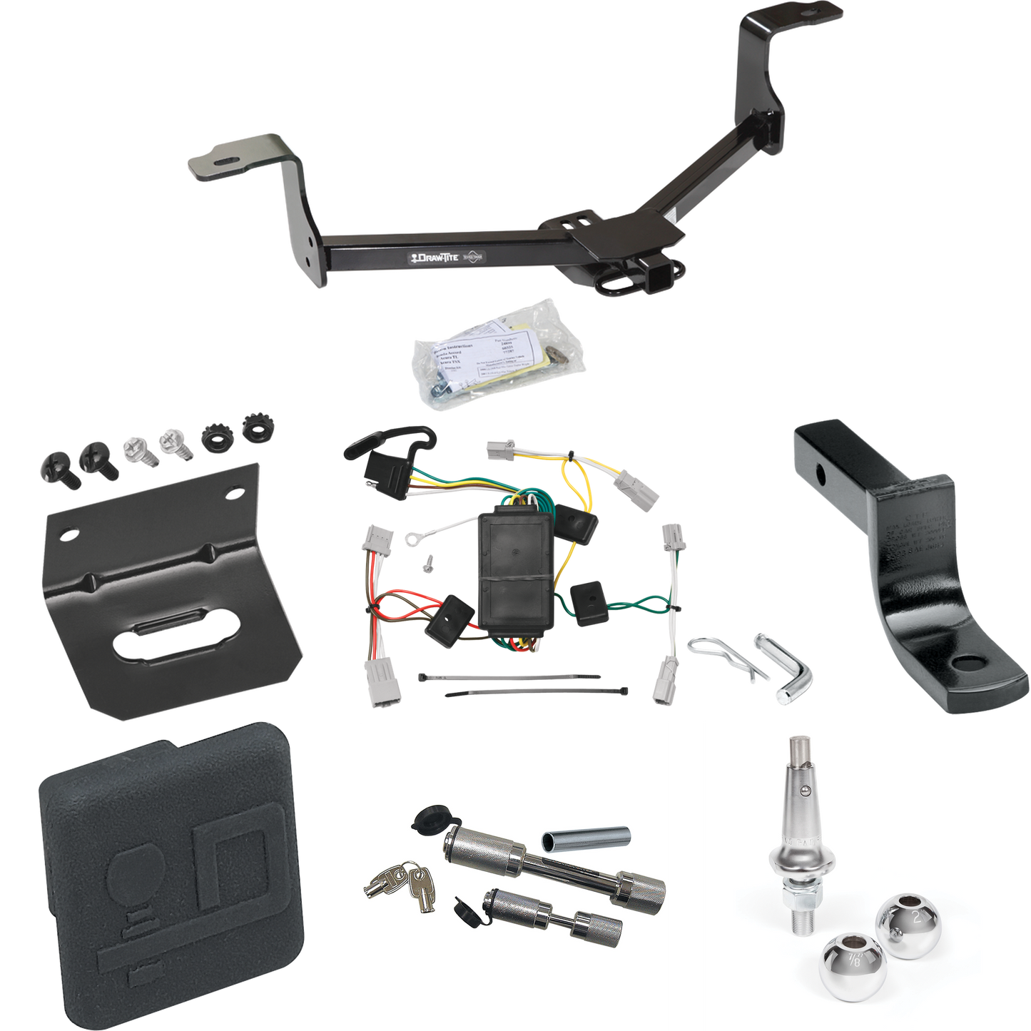 Fits 2008-2012 Honda Accord Trailer Hitch Tow PKG w/ 4-Flat Wiring Harness + Draw-Bar + Interchangeable 1-7/8" & 2" Balls + Wiring Bracket + Hitch Cover + Dual Hitch & Coupler Locks (For Coupe Models) By Draw-Tite