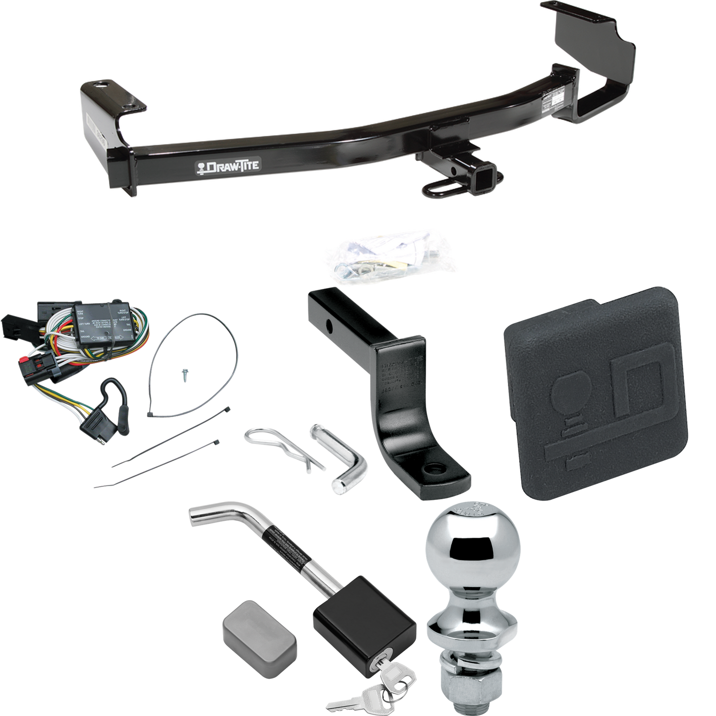 Fits 1996-2000 Plymouth Voyager Trailer Hitch Tow PKG w/ 4-Flat Wiring Harness + Draw-Bar + 1-7/8" Ball + Hitch Cover + Hitch Lock By Draw-Tite