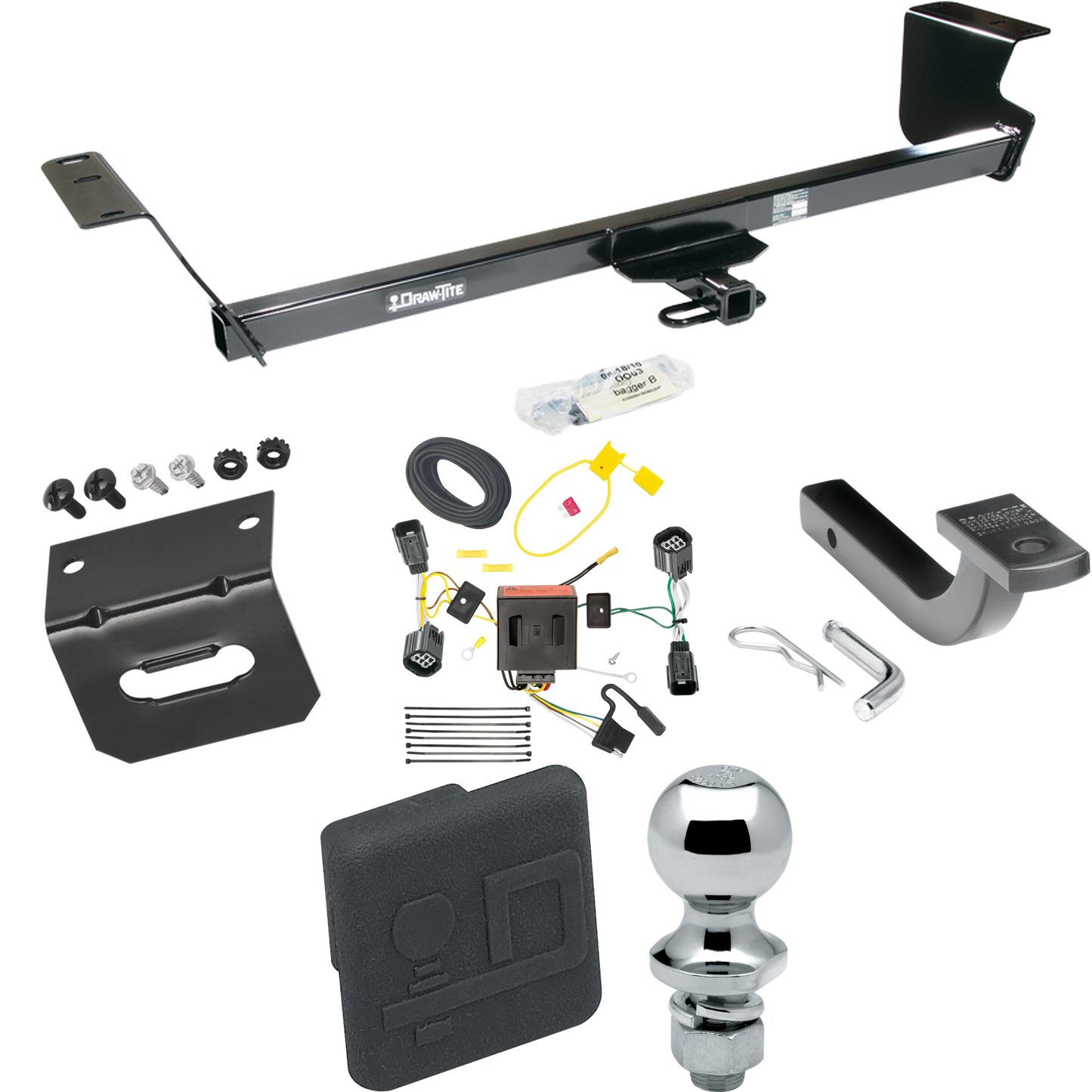 Fits 2011-2020 Dodge Grand Caravan Trailer Hitch Tow PKG w/ 4-Flat Wiring Harness + Draw-Bar + 1-7/8" Ball + Wiring Bracket + Hitch Cover By Draw-Tite