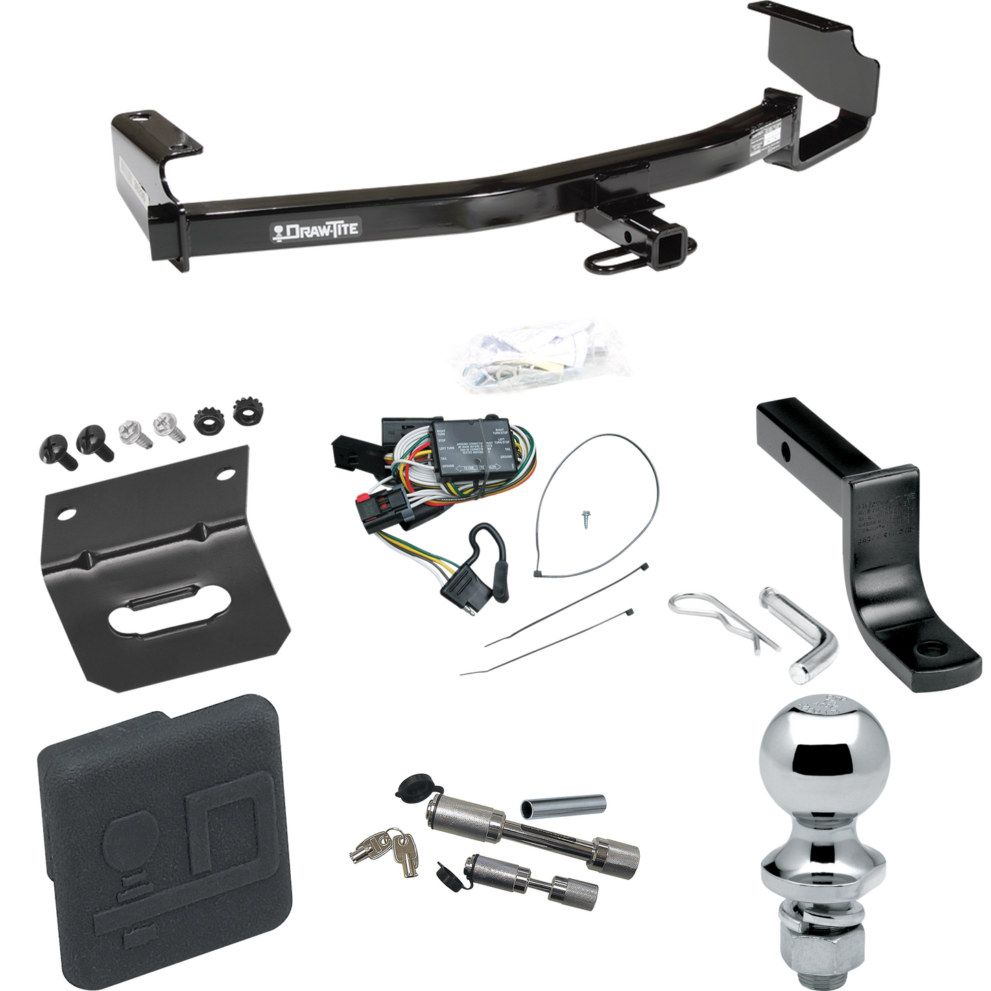 Se adapta al paquete de enganche de remolque Dodge Caravan 1996-2000 con arnés de cableado de 4 planos + barra de tracción + bola de 1-7/8" + soporte de cableado + cubierta de enganche + enganche doble y cerraduras de acoplador de Draw-Tite