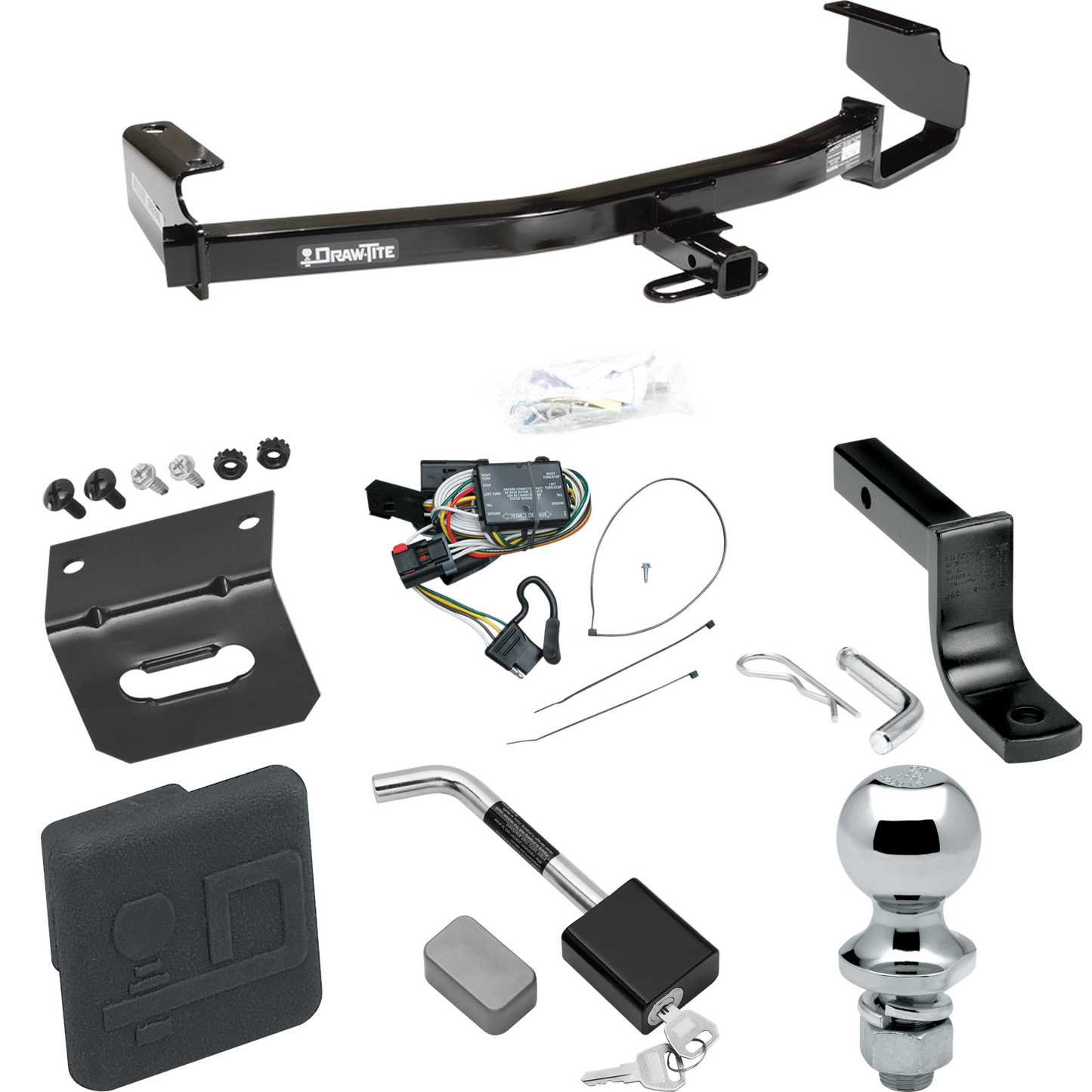 Fits 1996-2000 Dodge Grand Caravan Trailer Hitch Tow PKG w/ 4-Flat Wiring Harness + Draw-Bar + 1-7/8" Ball + Wiring Bracket + Hitch Cover + Hitch Lock By Draw-Tite