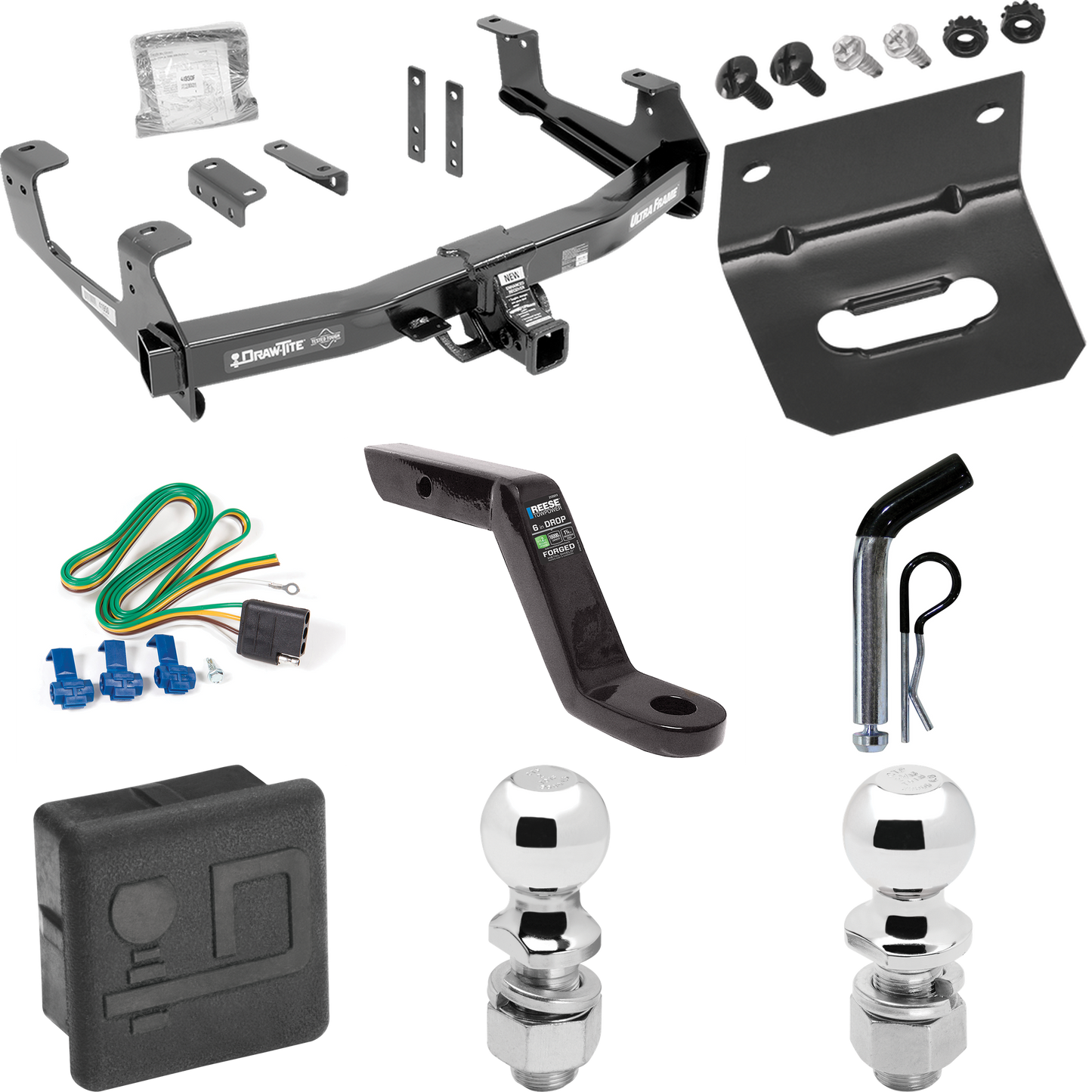 Fits 2015-2019 GMC Sierra 2500 HD Trailer Hitch Tow PKG w/ 4-Flat Wiring Harness + Ball Mount w/ 6" Drop + Pin/Clip + 2" Ball + 2-5/16" Ball + Hitch Cover + Wiring Bracket By Draw-Tite