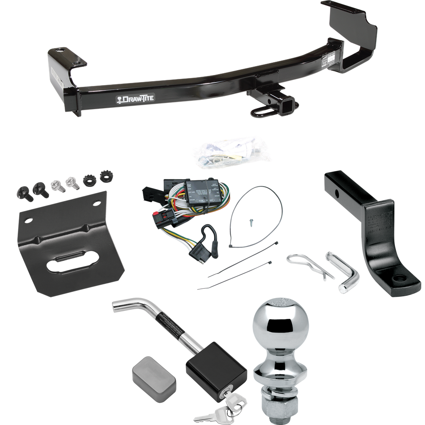 Fits 1996-2000 Plymouth Voyager Trailer Hitch Tow PKG w/ 4-Flat Wiring Harness + Draw-Bar + 1-7/8" Ball + Wiring Bracket + Hitch Lock By Draw-Tite