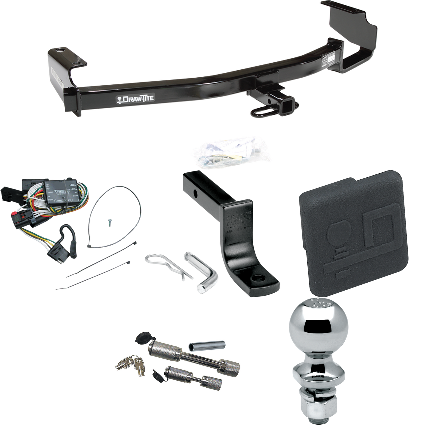 Fits 1996-2000 Dodge Grand Caravan Trailer Hitch Tow PKG w/ 4-Flat Wiring Harness + Draw-Bar + 2" Ball + Hitch Cover + Dual Hitch & Coupler Locks By Draw-Tite