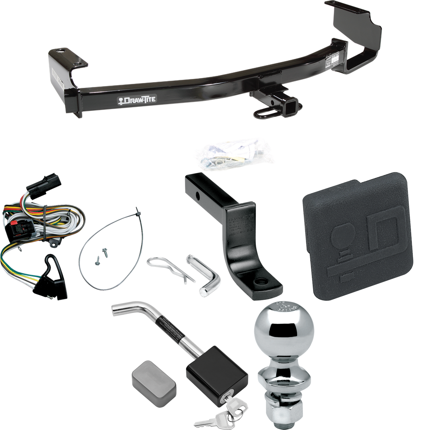 Fits 2001-2003 Dodge Caravan Trailer Hitch Tow PKG w/ 4-Flat Wiring Harness + Draw-Bar + 2" Ball + Hitch Cover + Hitch Lock By Draw-Tite