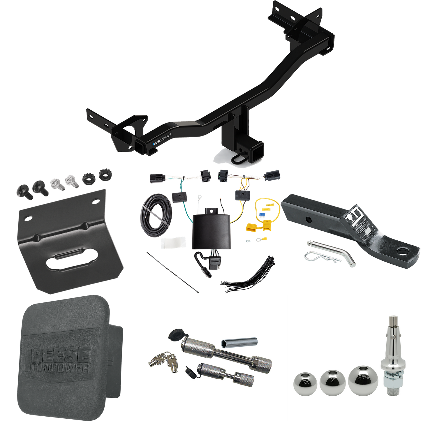 Fits 2018-2023 Alfa Romeo Stelvio Trailer Hitch Tow PKG w/ 4-Flat Wiring + Ball Mount w/ 2" Drop + Interchangeable Ball 1-7/8" & 2" & 2-5/16" + Wiring Bracket + Dual Hitch & Coupler Locks + Hitch Cover (Excludes: Quadrifoglio Models) By Reese Towpowe