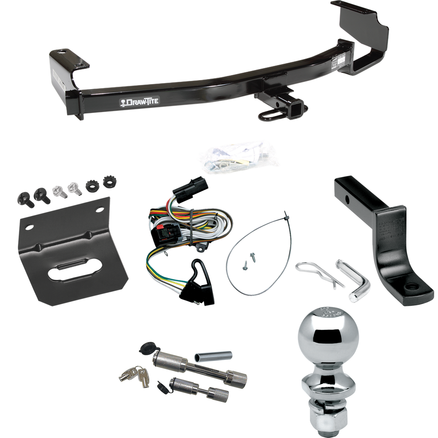 Fits 2001-2003 Chrysler Town & Country Trailer Hitch Tow PKG w/ 4-Flat Wiring Harness + Draw-Bar + 2" Ball + Wiring Bracket + Dual Hitch & Coupler Locks By Draw-Tite