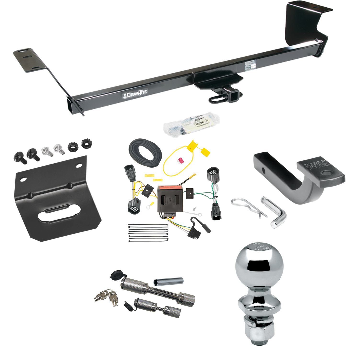 Fits 2011-2016 Chrysler Town & Country Trailer Hitch Tow PKG w/ 4-Flat Wiring Harness + Draw-Bar + 2" Ball + Wiring Bracket + Dual Hitch & Coupler Locks By Draw-Tite