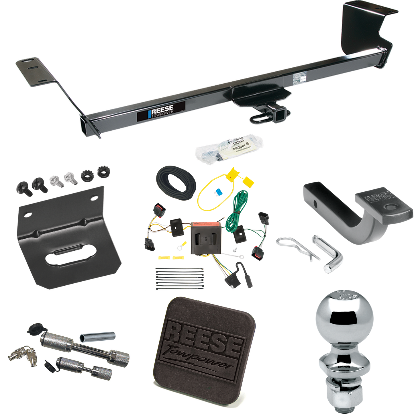 Fits 2008-2010 Dodge Grand Caravan Trailer Hitch Tow PKG w/ 4-Flat Wiring Harness + Draw-Bar + 2" Ball + Wiring Bracket + Hitch Cover + Dual Hitch & Coupler Locks By Reese Towpower