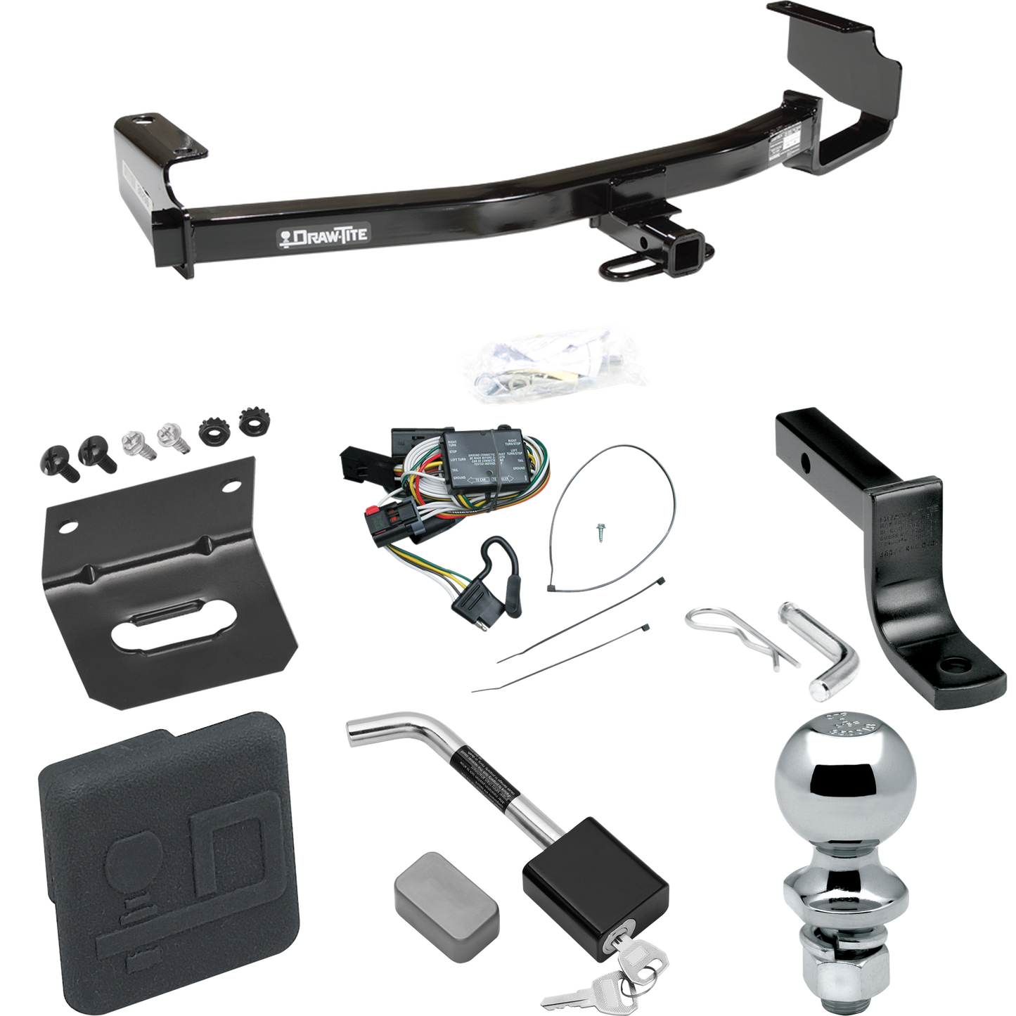 Fits 1996-2000 Dodge Grand Caravan Trailer Hitch Tow PKG w/ 4-Flat Wiring Harness + Draw-Bar + 2" Ball + Wiring Bracket + Hitch Cover + Hitch Lock By Draw-Tite