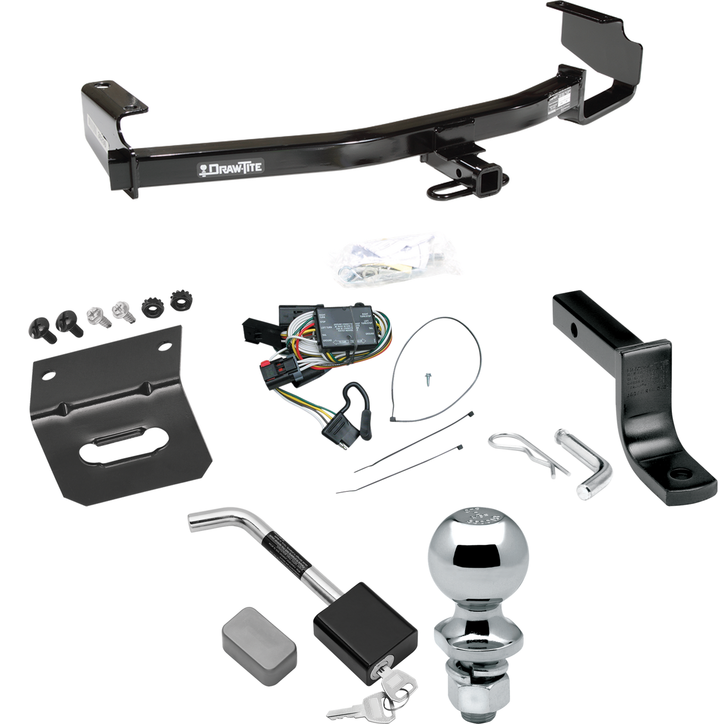 Fits 1996-2000 Plymouth Voyager Trailer Hitch Tow PKG w/ 4-Flat Wiring Harness + Draw-Bar + 2" Ball + Wiring Bracket + Hitch Lock By Draw-Tite