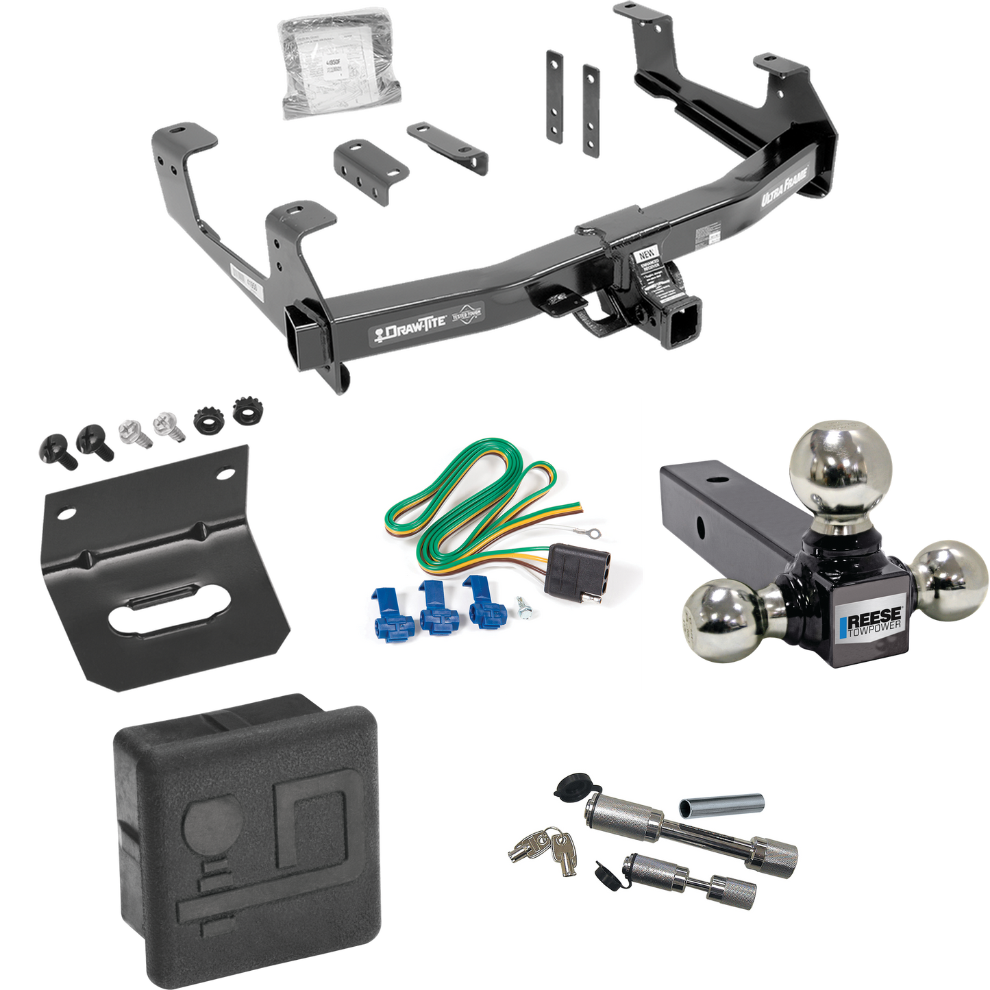 Fits 2015-2019 GMC Sierra 2500 HD Trailer Hitch Tow PKG w/ 4-Flat Wiring Harness + Triple Ball Ball Mount 1-7/8" & 2" & 2-5/16" Trailer Balls + Dual Hitch & Coupler Locks + Hitch Cover + Wiring Bracket By Draw-Tite