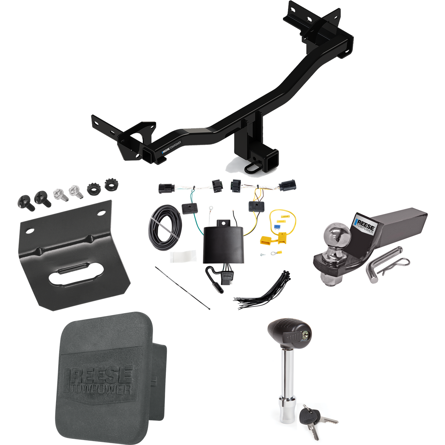 Fits 2018-2023 Alfa Romeo Stelvio Trailer Hitch Tow PKG w/ 4-Flat Wiring + Starter Kit Ball Mount w/ 2" Drop & 2" Ball + 1-7/8" Ball + Wiring Bracket + Hitch Lock + Hitch Cover (Excludes: Quadrifoglio Models) By Reese Towpower