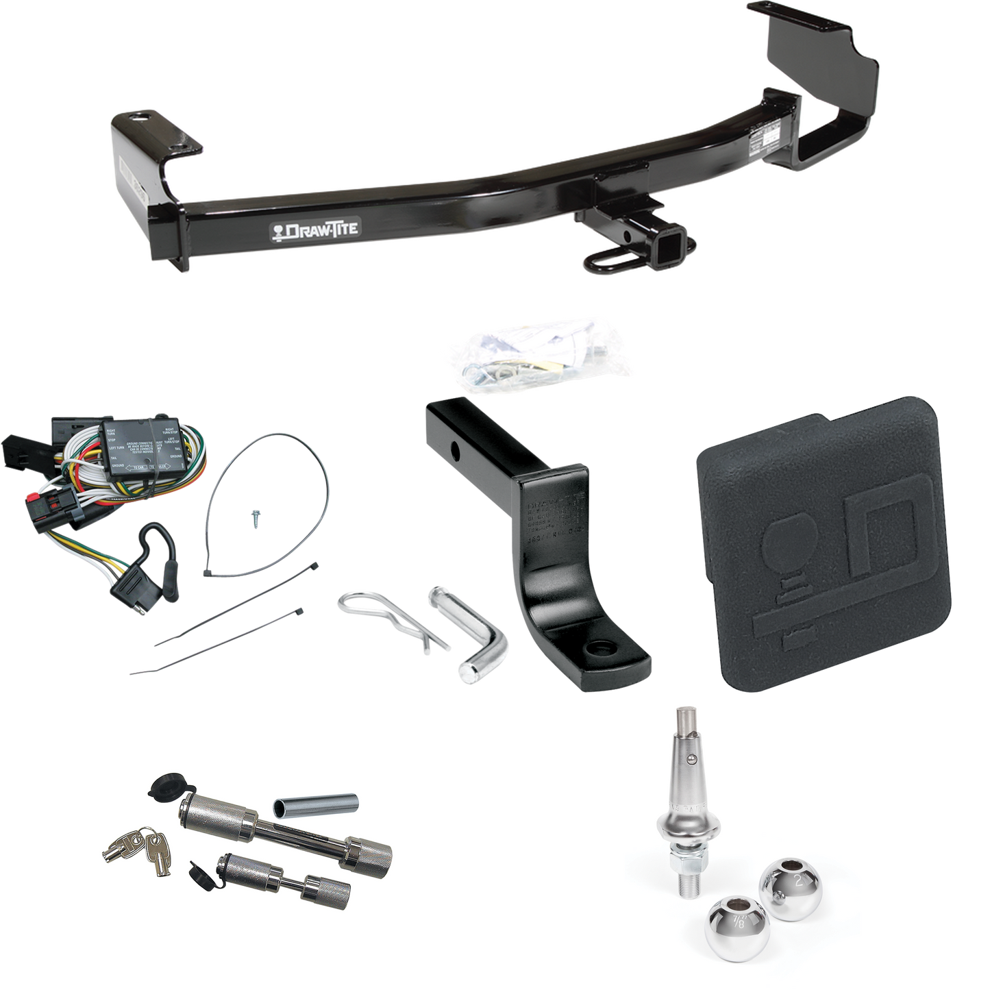 Fits 1996-2000 Plymouth Grand Voyager Trailer Hitch Tow PKG w/ 4-Flat Wiring Harness + Draw-Bar + Interchangeable 1-7/8" & 2" Balls + Hitch Cover + Dual Hitch & Coupler Locks By Draw-Tite