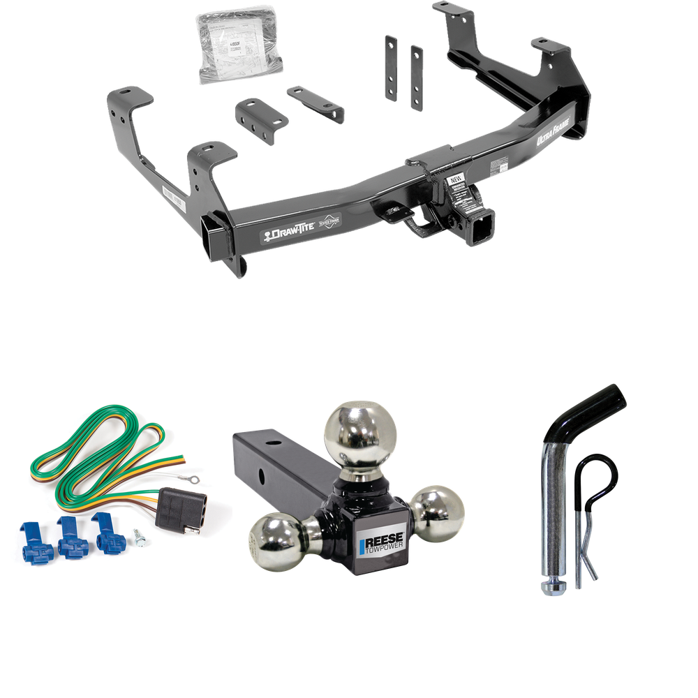 Fits 2015-2019 GMC Sierra 2500 HD Trailer Hitch Tow PKG w/ 4-Flat Wiring Harness + Triple Ball Ball Mount 1-7/8" & 2" & 2-5/16" Trailer Balls + Pin/Clip By Draw-Tite