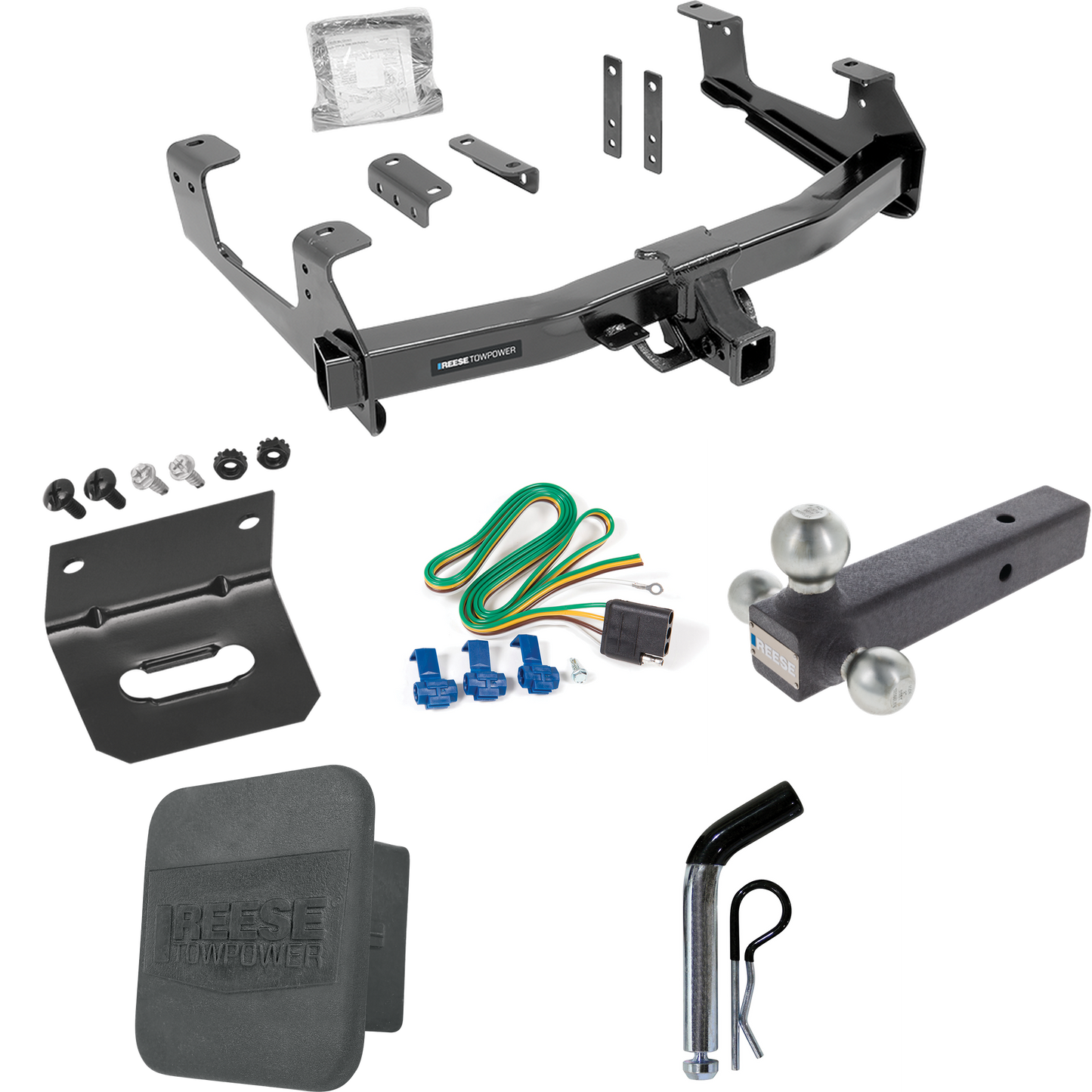 Fits 2015-2019 GMC Sierra 2500 HD Trailer Hitch Tow PKG w/ 4-Flat Wiring Harness + Triple Ball Ball Mount 1-7/8" & 2" & 2-5/16" Trailer Balls + Pin/Clip + Hitch Cover + Wiring Bracket By Reese Towpower