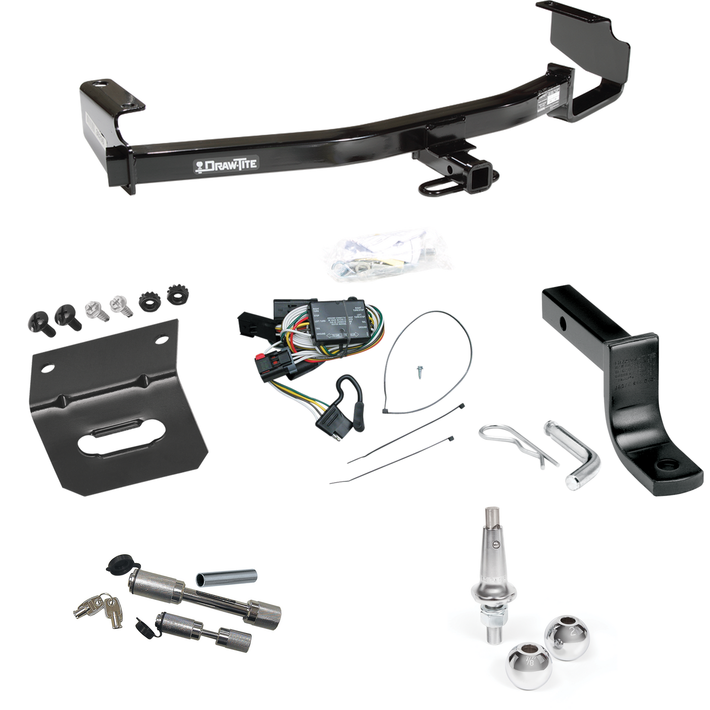 Se adapta al paquete de enganche de remolque Plymouth Voyager 1996-2000 con arnés de cableado de 4 planos + barra de tracción + bolas intercambiables de 1-7/8" y 2" + soporte de cableado + enganche doble y cerraduras de acoplador de Draw-Tite