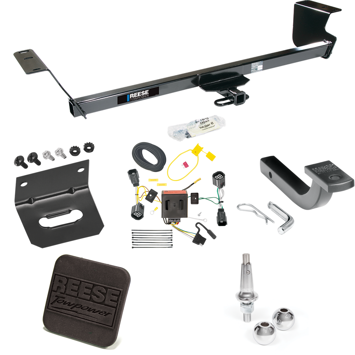 Fits 2011-2016 Chrysler Town & Country Trailer Hitch Tow PKG w/ 4-Flat Wiring Harness + Draw-Bar + Interchangeable 1-7/8" & 2" Balls + Wiring Bracket + Hitch Cover By Reese Towpower