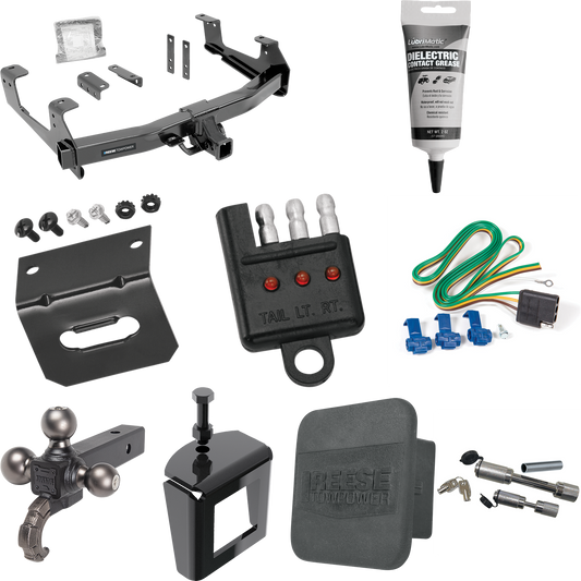 Fits 2015-2019 GMC Sierra 2500 HD Trailer Hitch Tow PKG w/ 4-Flat Wiring Harness + Triple Ball Ball Mount 1-7/8" & 2" & 2-5/16" Trailer Balls w/ Tow Hook + Dual Hitch & Coupler Locks + Hitch Cover + Wiring Bracket + Wiring Tester + Electric Grease +