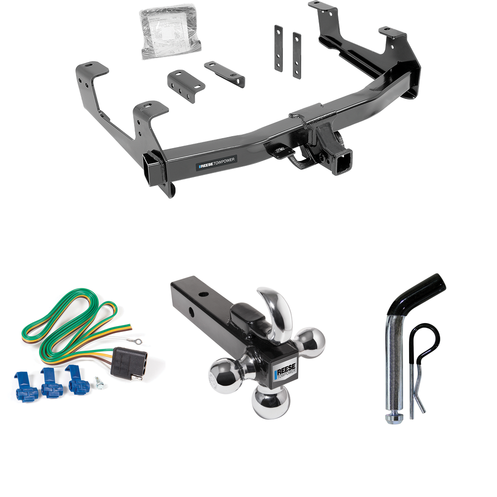 Fits 2015-2019 GMC Sierra 2500 HD Trailer Hitch Tow PKG w/ 4-Flat Wiring Harness + Triple Ball Ball Mount 1-7/8" & 2" & 2-5/16" Trailer Balls w/ Tow Hook + Pin/Clip By Reese Towpower