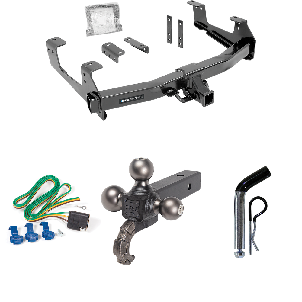 Fits 2015-2019 GMC Sierra 2500 HD Trailer Hitch Tow PKG w/ 4-Flat Wiring Harness + Triple Ball Ball Mount 1-7/8" & 2" & 2-5/16" Trailer Balls w/ Tow Hook + Pin/Clip By Reese Towpower