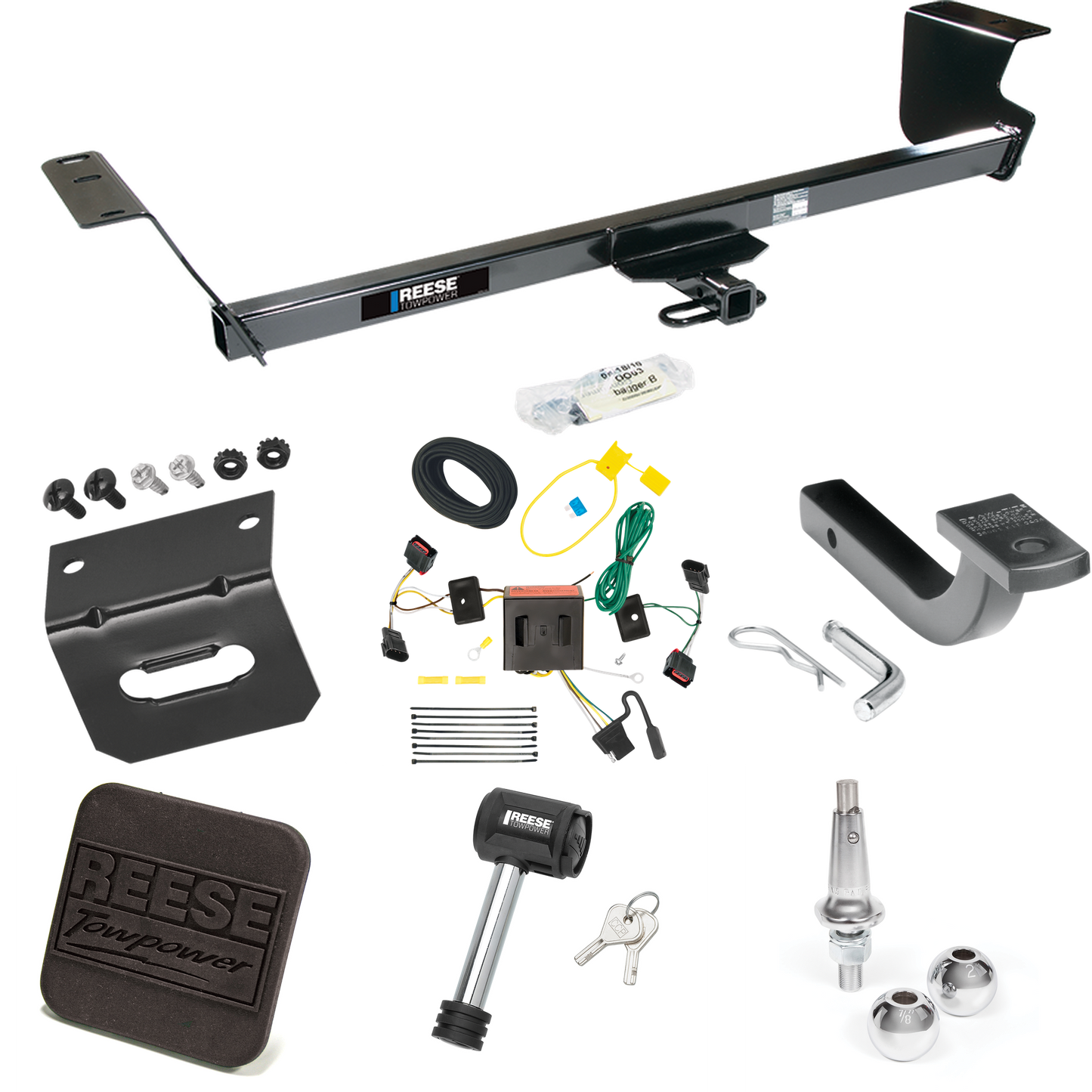 Fits 2008-2010 Dodge Grand Caravan Trailer Hitch Tow PKG w/ 4-Flat Wiring Harness + Draw-Bar + Interchangeable 1-7/8" & 2" Balls + Wiring Bracket + Hitch Cover + Hitch Lock By Reese Towpower