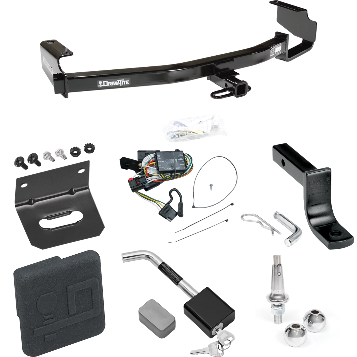 Se adapta al paquete de enganche de remolque Plymouth Voyager 1996-2000 con arnés de cableado de 4 planos + barra de tracción + bolas intercambiables de 1-7/8" y 2" + soporte de cableado + cubierta de enganche + bloqueo de enganche de Draw-Tite