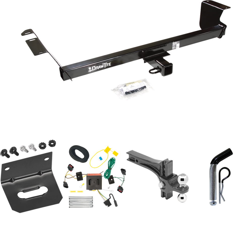 Fits 2008-2010 Dodge Grand Caravan Trailer Hitch Tow PKG w/ 4-Flat Wiring Harness + Dual Adjustable Drop Rise Ball Ball Mount 2" & 2-5/16" Trailer Balls + Pin/Clip + Wiring Bracket By Draw-Tite