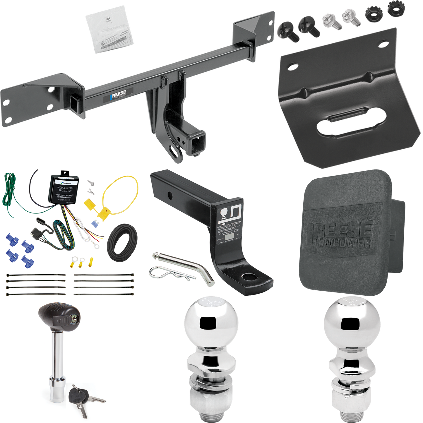 Fits 2015-2022 Mercedes-Benz GLA250 Trailer Hitch Tow PKG w/ 4-Flat Wiring + Ball Mount w/ 4" Drop + 2" Ball + 2-5/16" Ball + Wiring Bracket + Hitch Lock + Hitch Cover By Reese Towpower