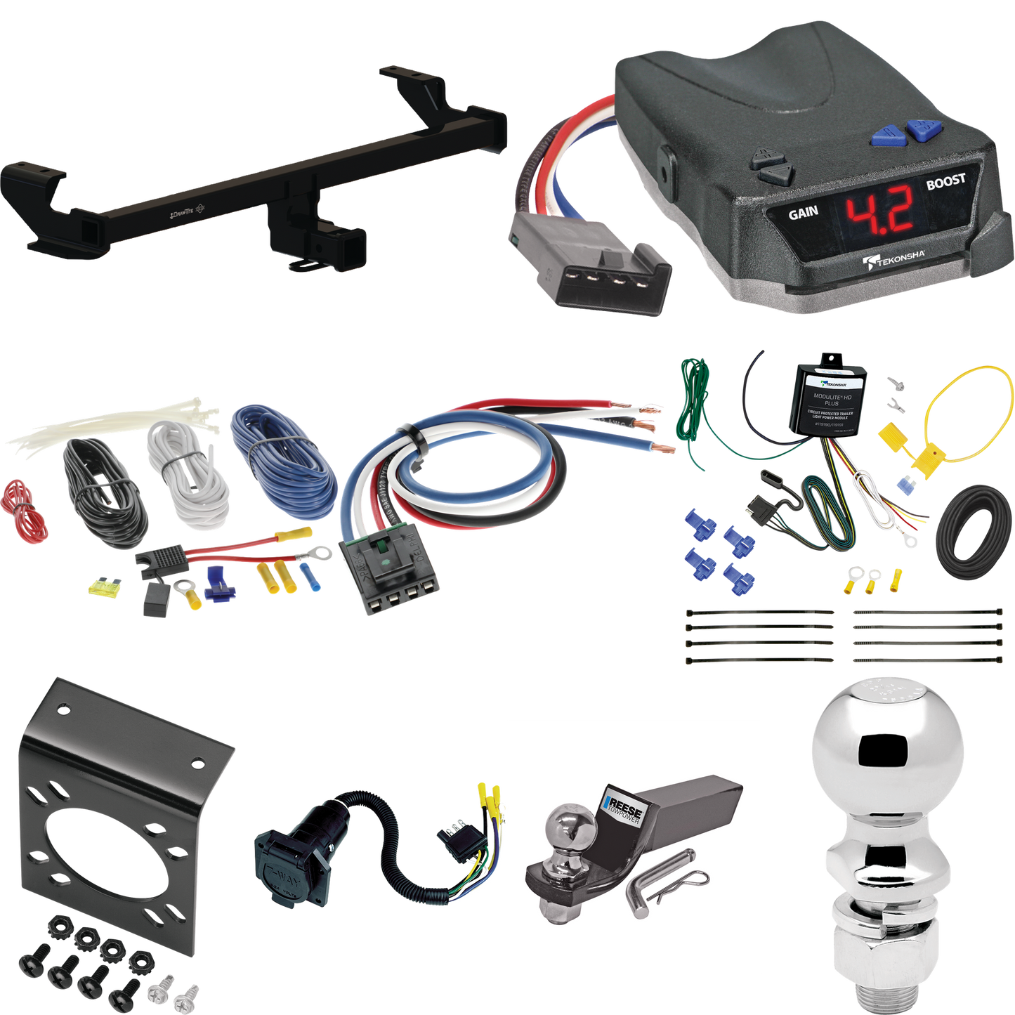 Se adapta al paquete de enganche de remolque Volkswagen Taos 2022-2023 con control de freno Tekonsha BRAKE-EVN + adaptador de cableado BC genérico + cableado RV de 7 vías + soporte de bola y caída de 2" y 2-5/16" de Draw-Tite