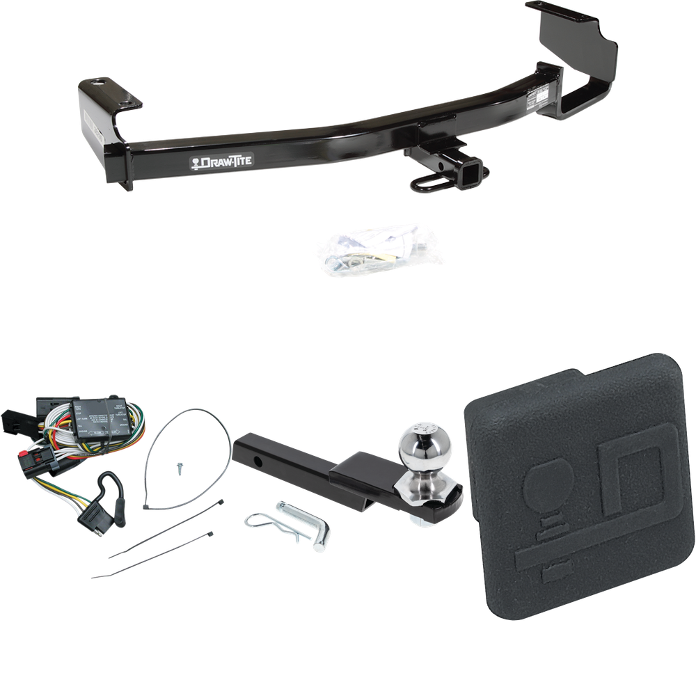 Fits 1996-2000 Plymouth Grand Voyager Trailer Hitch Tow PKG w/ 4-Flat Wiring Harness + Interlock Starter Kit w/ 2" Ball 1-1/4" Drop 3/4" Rise + Hitch Cover By Draw-Tite