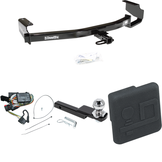 Fits 1996-2000 Plymouth Grand Voyager Trailer Hitch Tow PKG w/ 4-Flat Wiring Harness + Interlock Starter Kit w/ 2" Ball 1-1/4" Drop 3/4" Rise + Hitch Cover By Draw-Tite