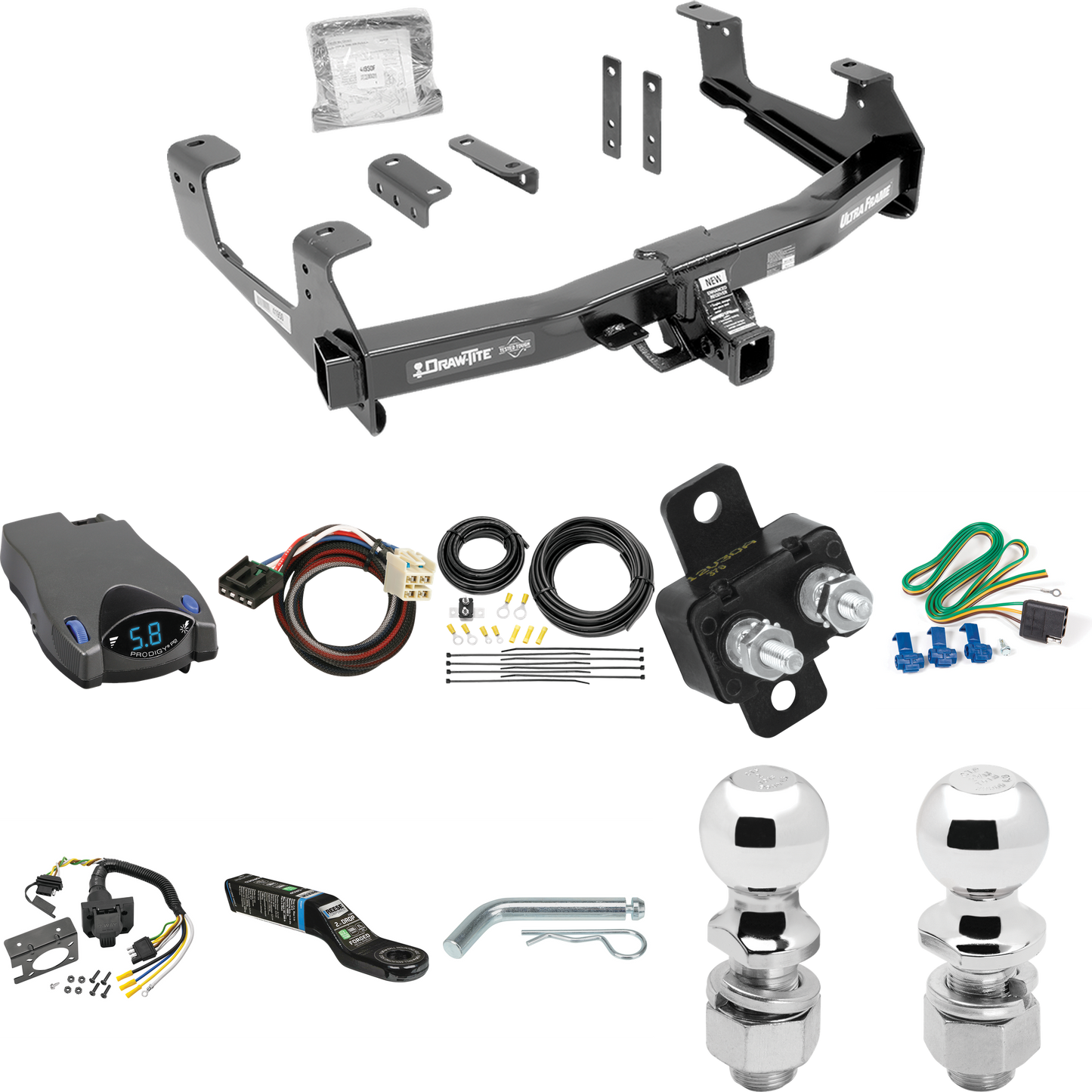 Se adapta al paquete de enganche de remolque GMC Sierra 2500 HD 2015-2019 con control de freno Tekonsha Prodigy P2 + adaptador BC Plug &amp; Play + cableado RV de 7 vías + soporte de bola y caída de 2" y 2-5/16" de Draw-Tite