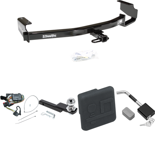 Fits 1996-2000 Plymouth Voyager Trailer Hitch Tow PKG w/ 4-Flat Wiring Harness + Interlock Starter Kit w/ 2" Ball 1-1/4" Drop 3/4" Rise + Hitch Cover + Hitch Lock By Draw-Tite