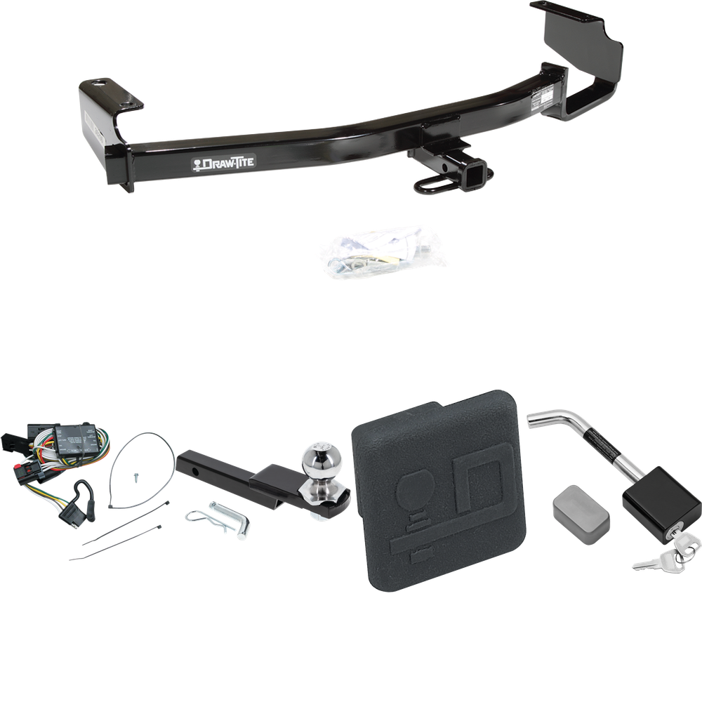 Fits 1996-2000 Chrysler Town & Country Trailer Hitch Tow PKG w/ 4-Flat Wiring Harness + Interlock Starter Kit w/ 2" Ball 1-1/4" Drop 3/4" Rise + Hitch Cover + Hitch Lock By Draw-Tite
