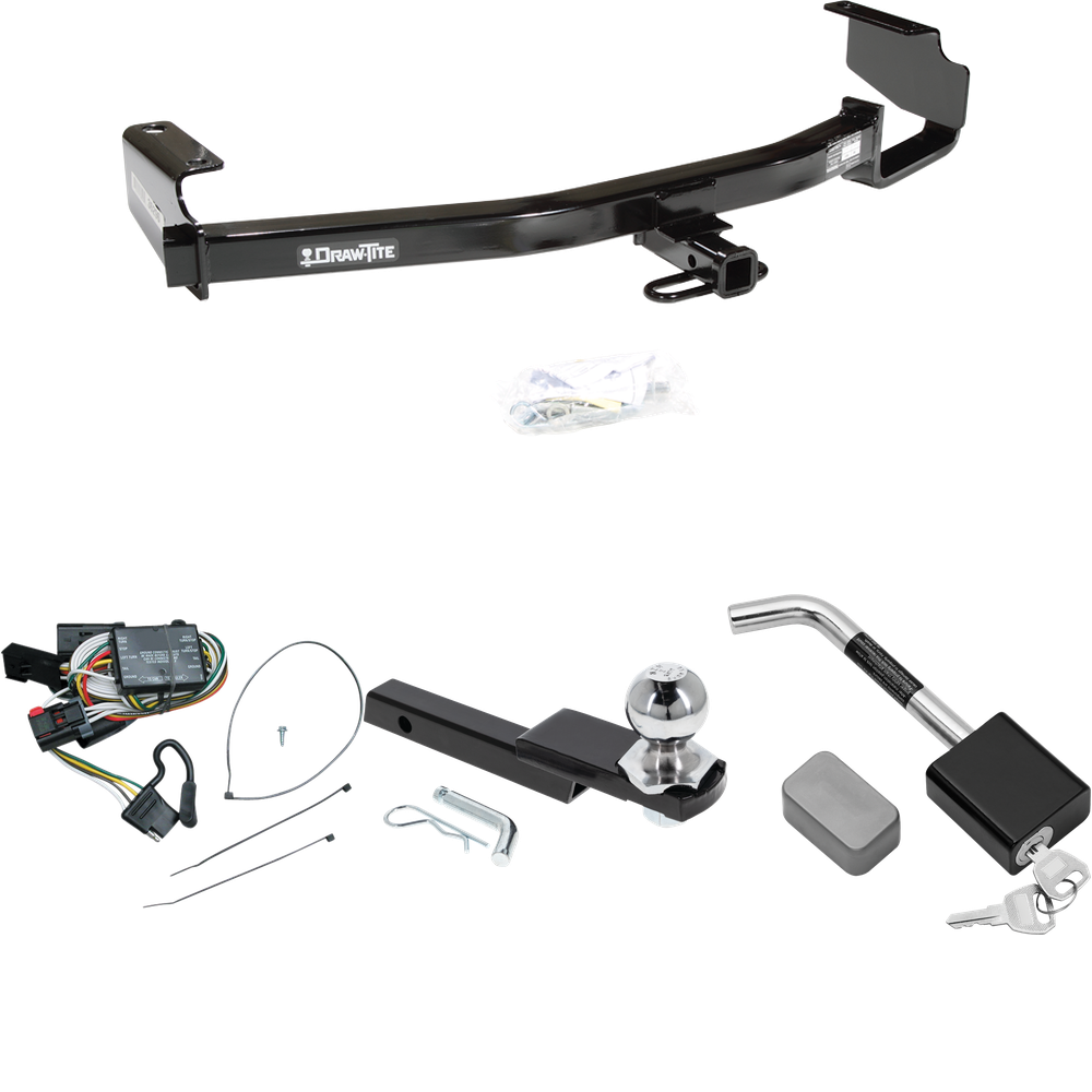 Fits 1996-2000 Dodge Grand Caravan Trailer Hitch Tow PKG w/ 4-Flat Wiring Harness + Interlock Starter Kit w/ 2" Ball 1-1/4" Drop 3/4" Rise + Hitch Lock By Draw-Tite