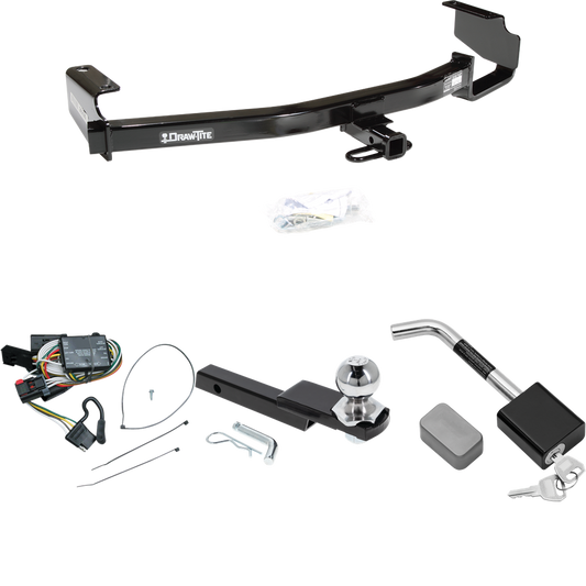 Se adapta al paquete de enganche de remolque Dodge Grand Caravan 1996-2000 con arnés de cableado de 4 planos + kit de inicio de enclavamiento con bola de 2", caída de 1-1/4" y elevación de 3/4" + bloqueo de enganche de Draw-Tite