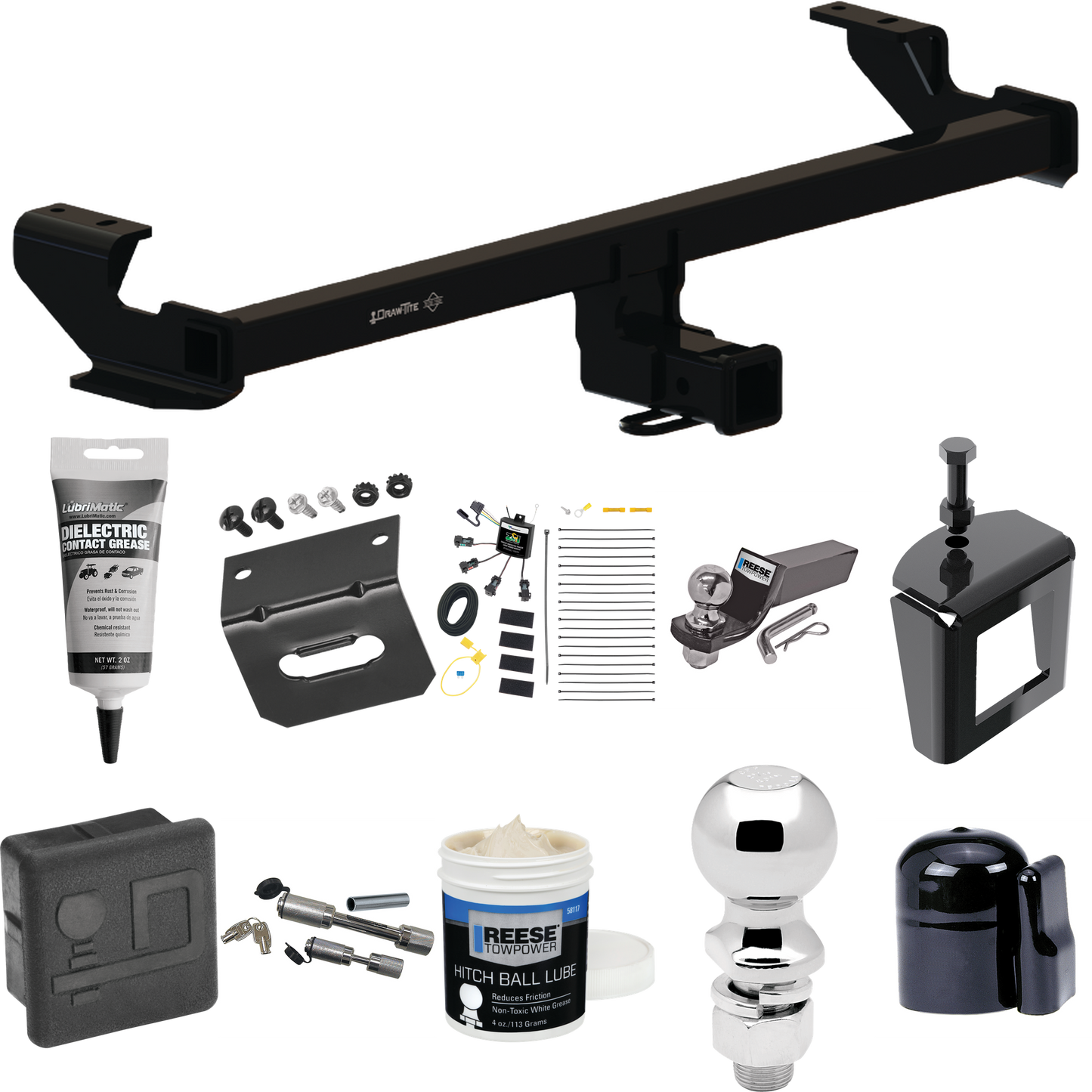 Fits 2022-2023 Volkswagen Taos Trailer Hitch Tow PKG w/ 4-Flat Zero Contact "No Splice" Wiring + Starter Kit Ball Mount w/ 2" Drop & 2" Ball + 2-5/16" Ball + Wiring Bracket + Dual Hitch & Coupler Locks + Hitch Cover + Wiring Tester + Ball Lube +Elect