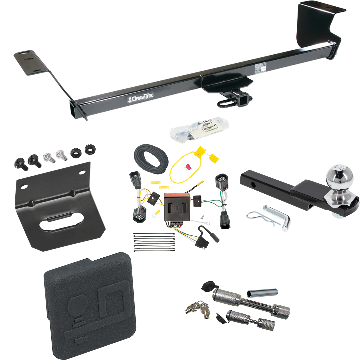 Fits 2011-2016 Chrysler Town & Country Trailer Hitch Tow PKG w/ 4-Flat Wiring Harness + Interlock Starter Kit w/ 2" Ball 1-1/4" Drop 3/4" Rise + Wiring Bracket + Hitch Cover + Dual Hitch & Coupler Locks By Draw-Tite