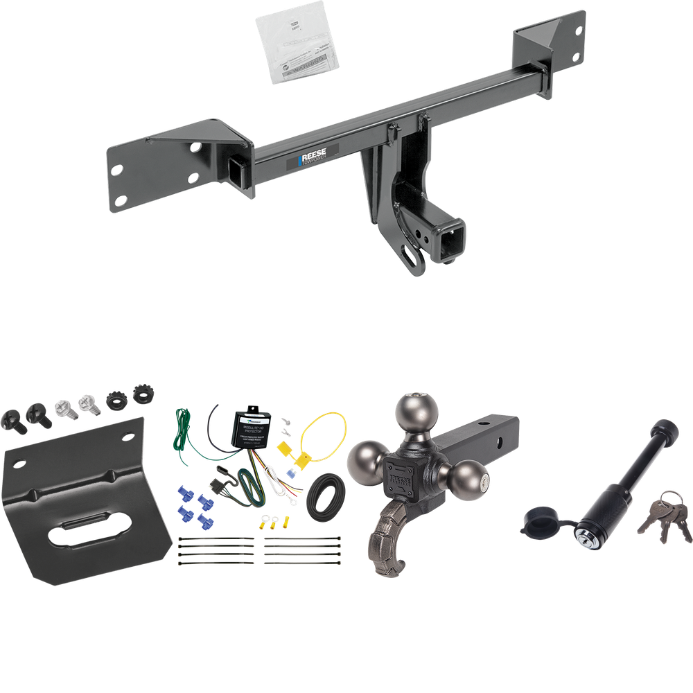 Fits 2015-2022 Mercedes-Benz GLA250 Trailer Hitch Tow PKG w/ 4-Flat Wiring + Triple Ball Tactical Ball Mount 1-7/8" & 2" & 2-5/16" Balls w/ Tow Hook + Tactical Dogbone Lock + Wiring Bracket By Reese Towpower