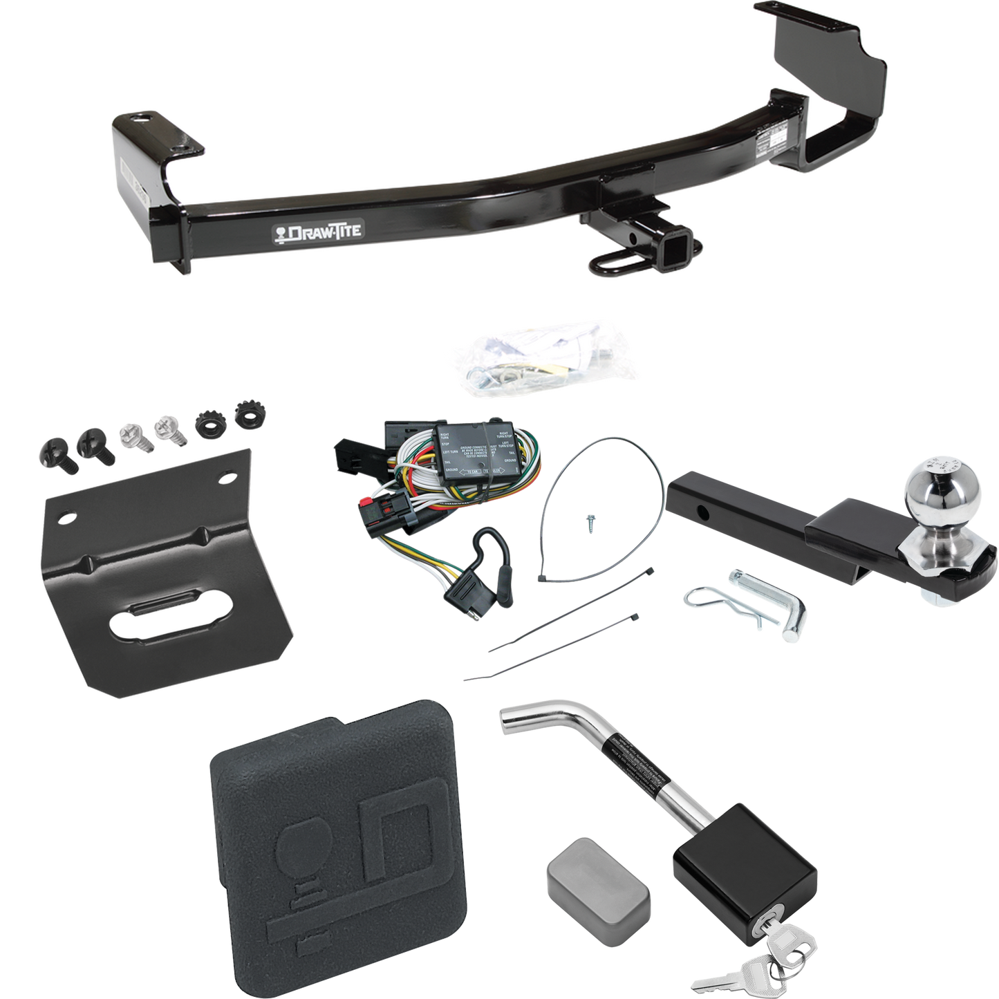 Fits 1996-2000 Plymouth Voyager Trailer Hitch Tow PKG w/ 4-Flat Wiring Harness + Interlock Starter Kit w/ 2" Ball 1-1/4" Drop 3/4" Rise + Wiring Bracket + Hitch Cover + Hitch Lock By Draw-Tite