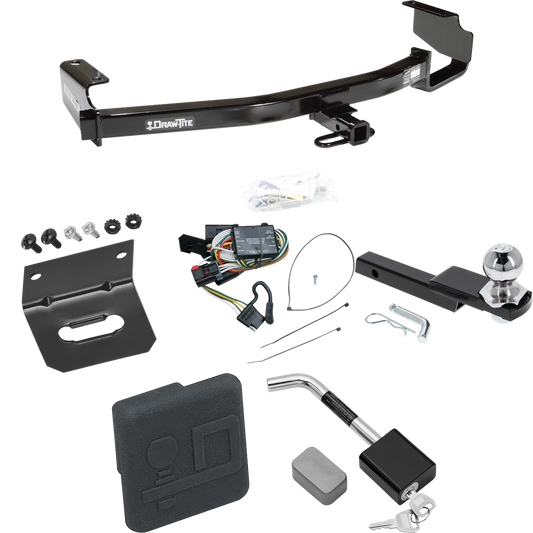 Fits 1996-2000 Plymouth Voyager Trailer Hitch Tow PKG w/ 4-Flat Wiring Harness + Interlock Starter Kit w/ 2" Ball 1-1/4" Drop 3/4" Rise + Wiring Bracket + Hitch Cover + Hitch Lock By Draw-Tite