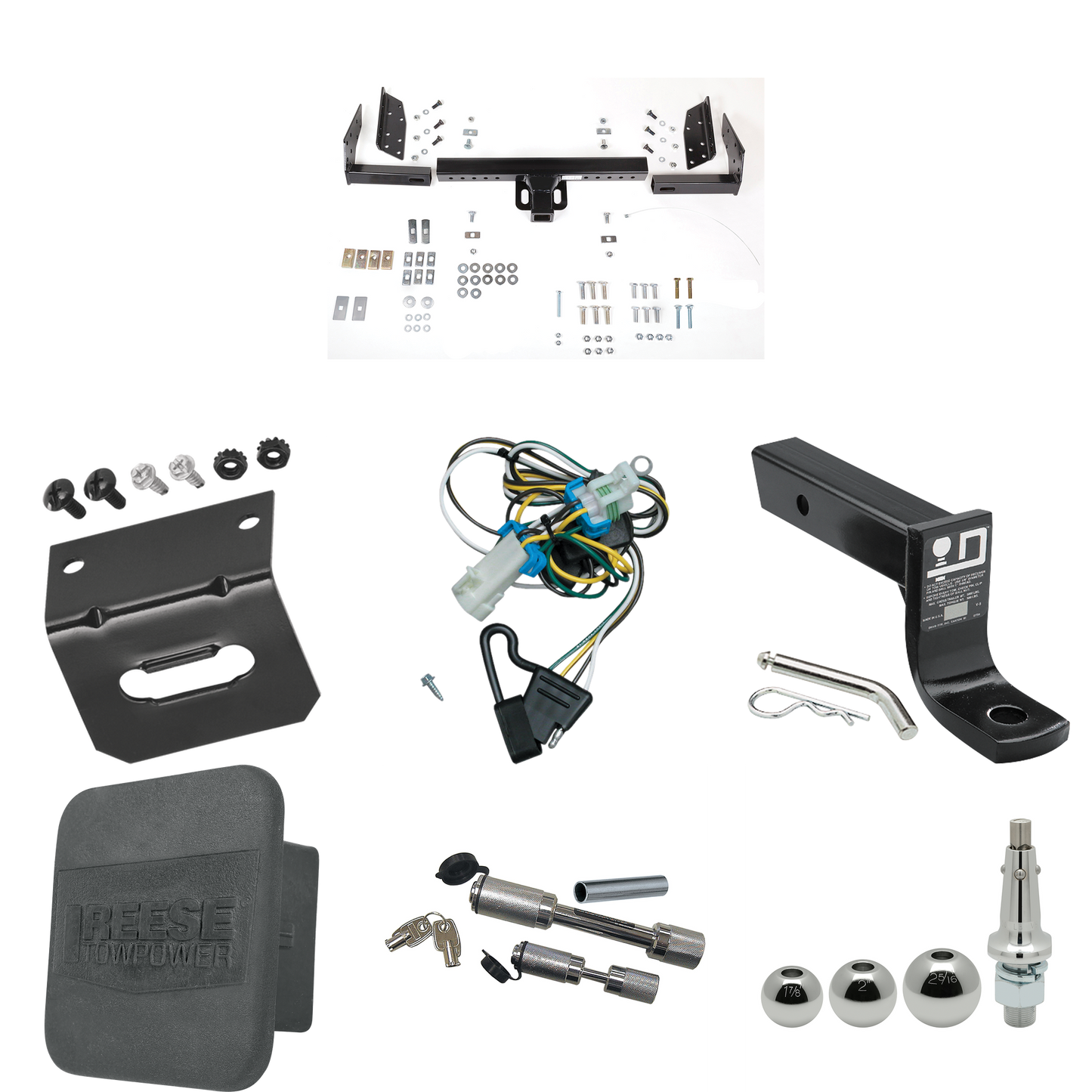 Fits 1998-2000 Isuzu Hombre Trailer Hitch Tow PKG w/ 4-Flat Wiring + Ball Mount w/ 4" Drop + Interchangeable Ball 1-7/8" & 2" & 2-5/16" + Wiring Bracket + Dual Hitch & Coupler Locks + Hitch Cover (For w/Step Bumper Models) By Reese Towpower