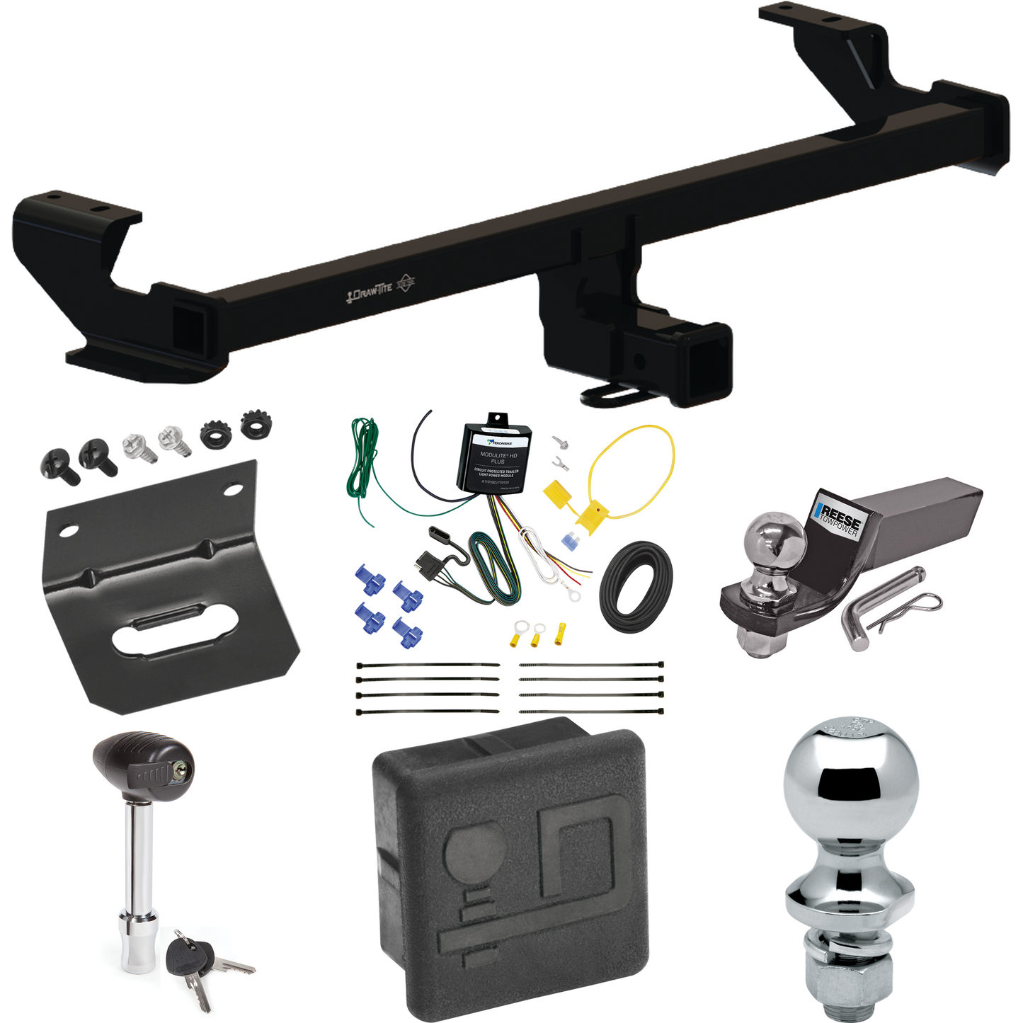 Fits 2022-2023 Volkswagen Taos Trailer Hitch Tow PKG w/ 4-Flat Wiring + Starter Kit Ball Mount w/ 2" Drop & 2" Ball + 1-7/8" Ball + Wiring Bracket + Hitch Lock + Hitch Cover By Draw-Tite