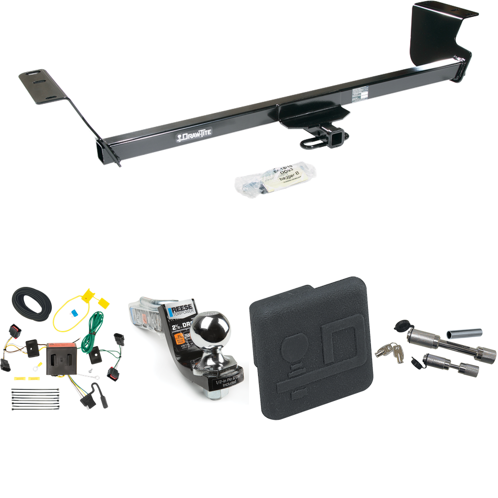 Fits 2008-2010 Dodge Grand Caravan Trailer Hitch Tow PKG w/ 4-Flat Wiring Harness + Interlock Starter Kit w/ 2" Ball 2-1/2" Drop 2" Rise + Hitch Cover + Dual Hitch & Coupler Locks By Draw-Tite