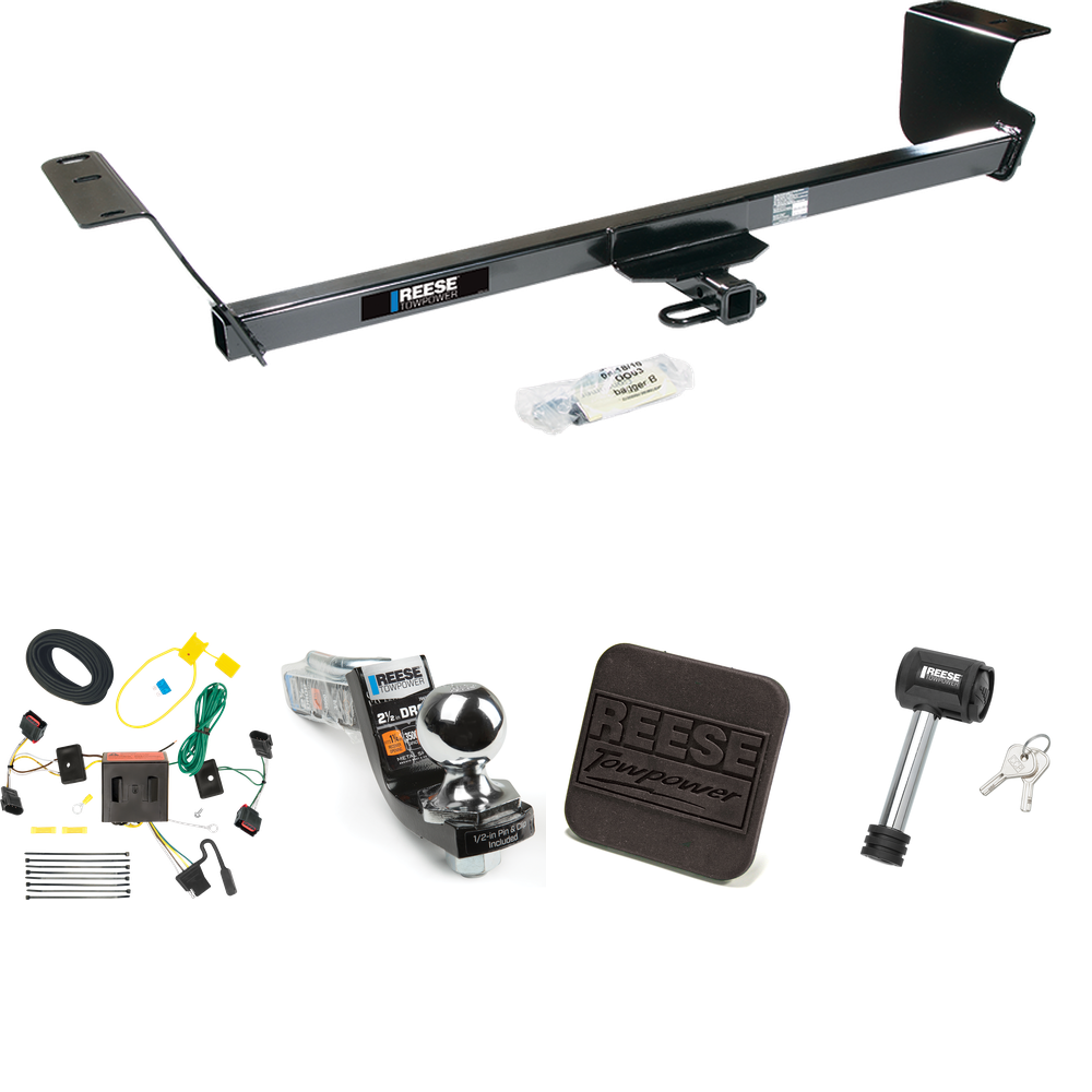 Fits 2008-2010 Dodge Grand Caravan Trailer Hitch Tow PKG w/ 4-Flat Wiring Harness + Interlock Starter Kit w/ 2" Ball 2-1/2" Drop 2" Rise + Hitch Cover + Hitch Lock By Reese Towpower